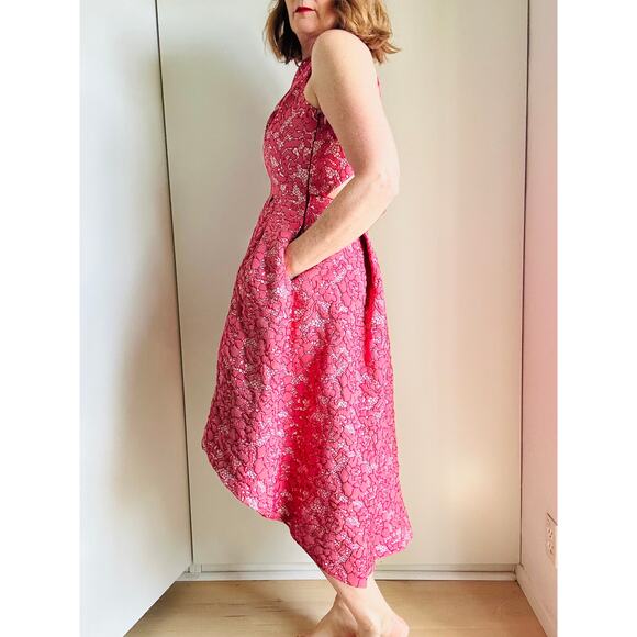 ML Monique Lhuillier Lace Pattern High Low Formal Dress Red white SZ SM Pockets - Picture 11 of 16